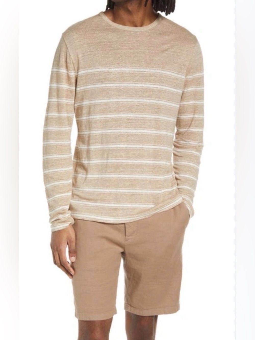 Vince Striped Crewneck Linen Sweater Desert Sand Optic White M NWT
